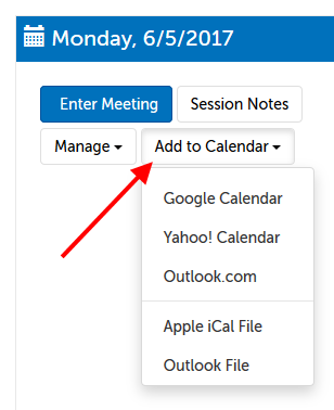 Calendars available to sync with session