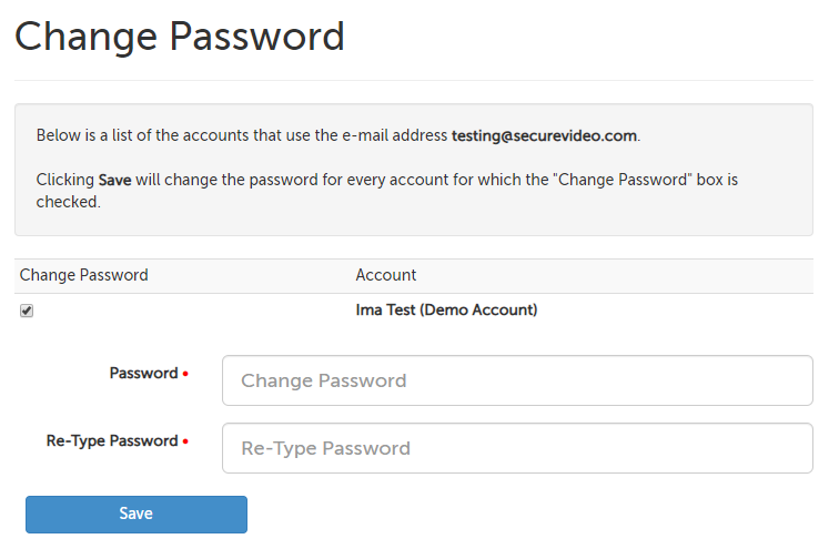 Change password page; two fields to enter the password twice.