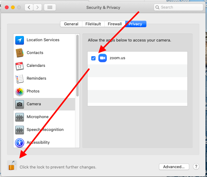 Arrow pointing to checkbox for zoom.us (leave checked) and then another arrow pointing to the lock symbol to save changes.